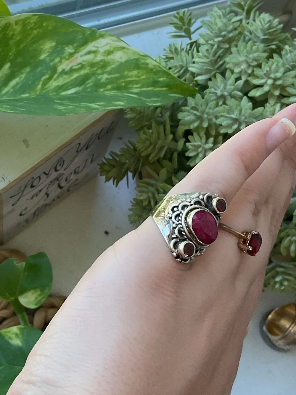 Vintage Sterling Silver Ruby Multi Gemstone Boho Ring Size 6